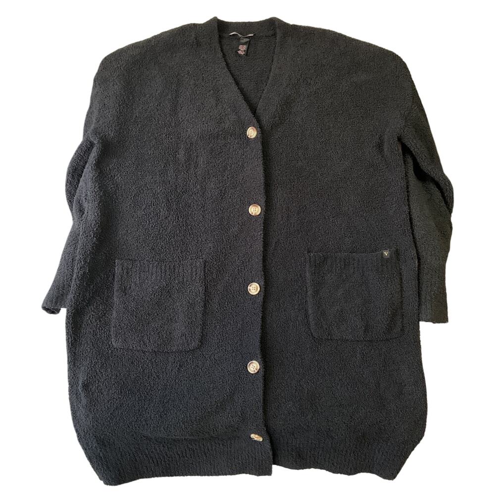 Victoria's Secret Women Long Cardigan M/L Black Button Long Sleeve V-neck Fleece